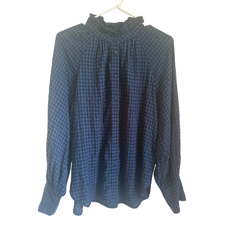 J.Crew Navy Black Gingham Ruffle Neck Button Down Blouse Top Size 6